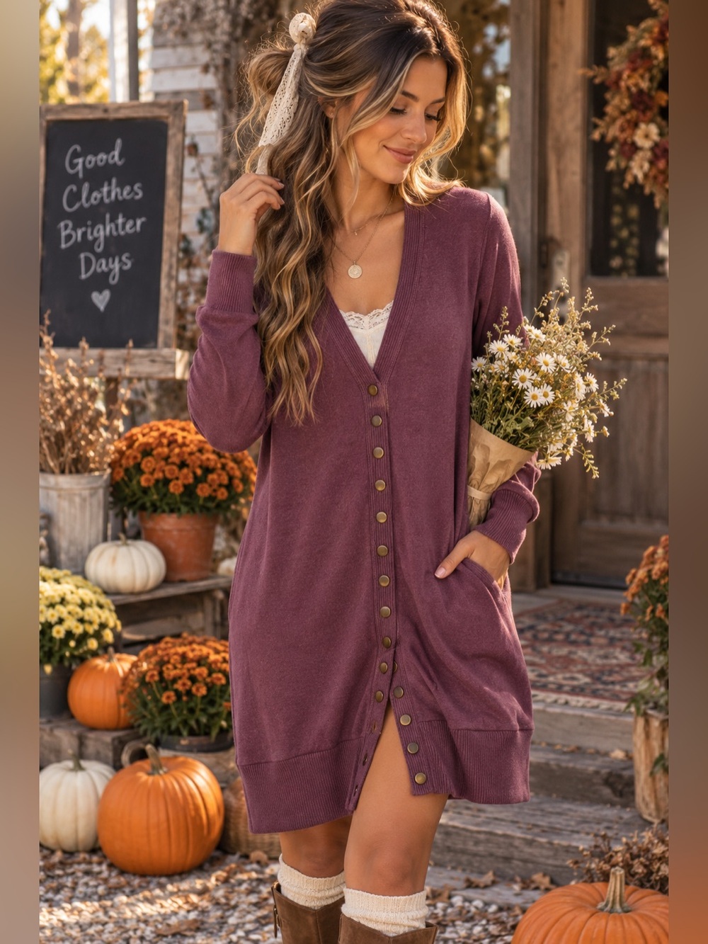 Zenana Outfitters Mauve Button Front Long Sleeve Sweater Dress – Size Medium